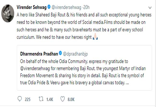 Sehwag Reminds Freedom Fighter Baji Rout on Twitter