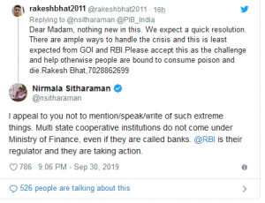 sitharaman puts out appeal and explainer in reply to ‘consume poison’ tweet on pmc bank crisis