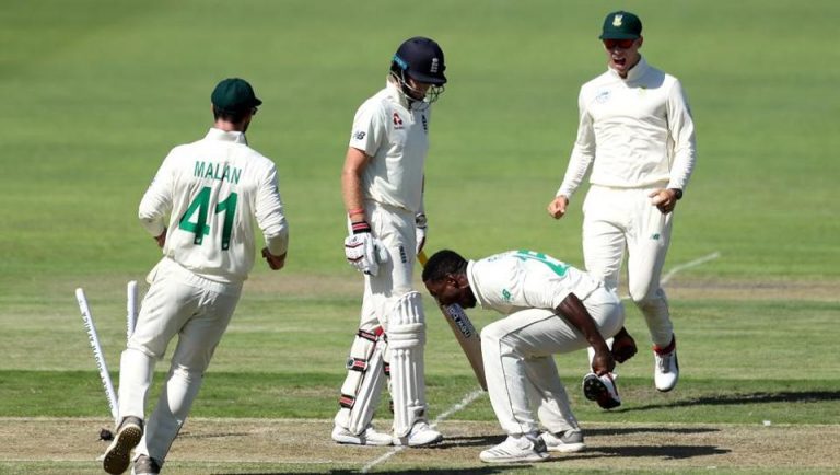 Rabada out of Johannesburg Test for Root dismissal celebration