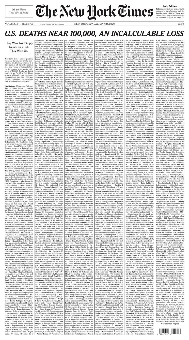 NYT devotes front page to COVID-19 victims