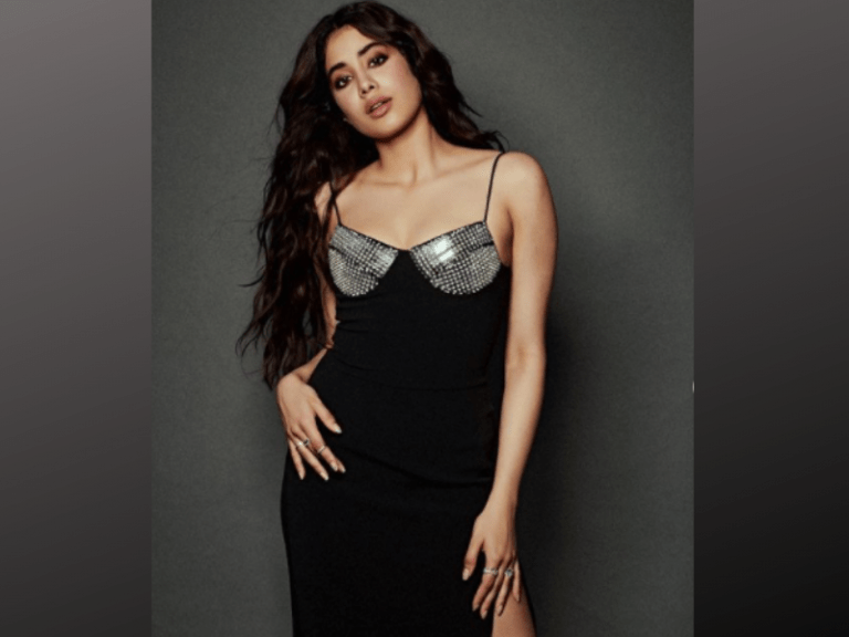 Janhvi Kapoor in black dress spaghetti-strap is a stunning photo for a promotional event of Roohi
