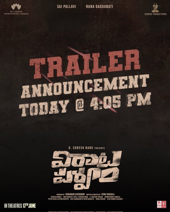 'virata parvam' trailer announcement today at 4:05 pm