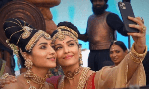 Trisha Krishnan poses with Aishwarya Rai Bachchan on 'Ponniyin Selvan' set