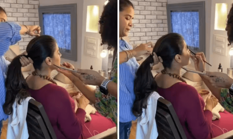 ‘Multi-tasker’ Kajol knits while getting her make-up done