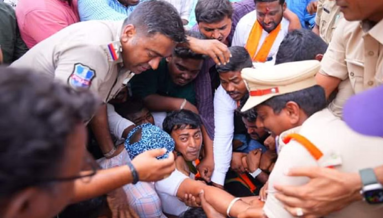 Workers from the BJP and BRS fight in the Telangana town of Hanamkonda