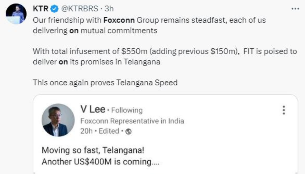 foxconn increases its proposed investment in telangana to $550 million