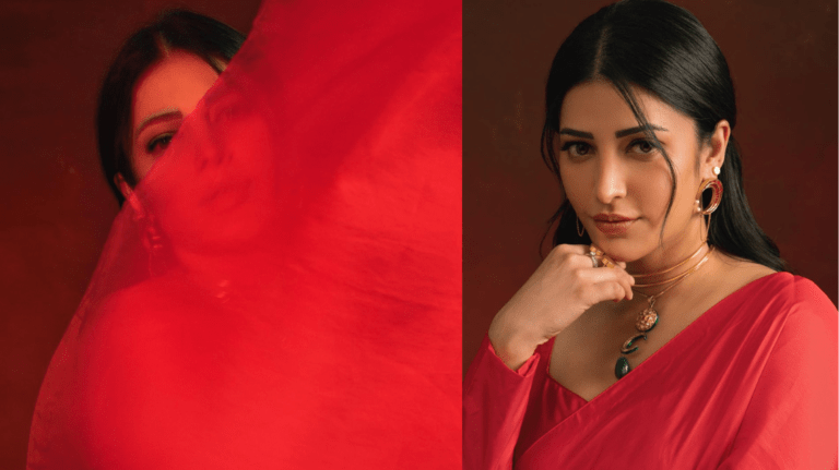 Shruti Haasan dazzles in a hot red saree, showcasing her innate charm.