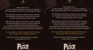 Official announcement poster stating that Ram Charan’s film Peddi has been postponed and will release in June 2026.