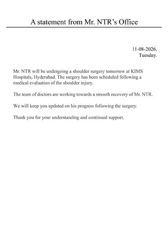 Jr NTR to Undergo Shoulder Surgery Following Recent Injury 1 Jr NTR to Undergo Shoulder Surgery Following Recent Injury